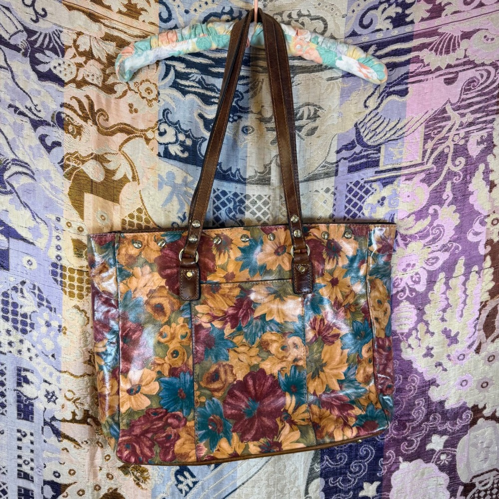 Patricia Nash Solaro Fresco Bouquet Floral Brown Leather Tote Bag Cottage Boho